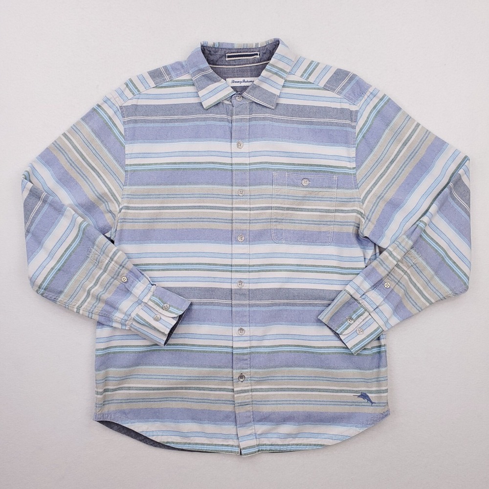 Tommy Bahama Shirt Mens Medium Blue Striped Flannel Heavyweight Relaxed Fit